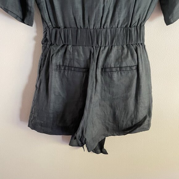 Banana Republic Women 00 Petite Green Slate Tie Waist Short Sleeve Ramie Romper - Picture 14 of 14